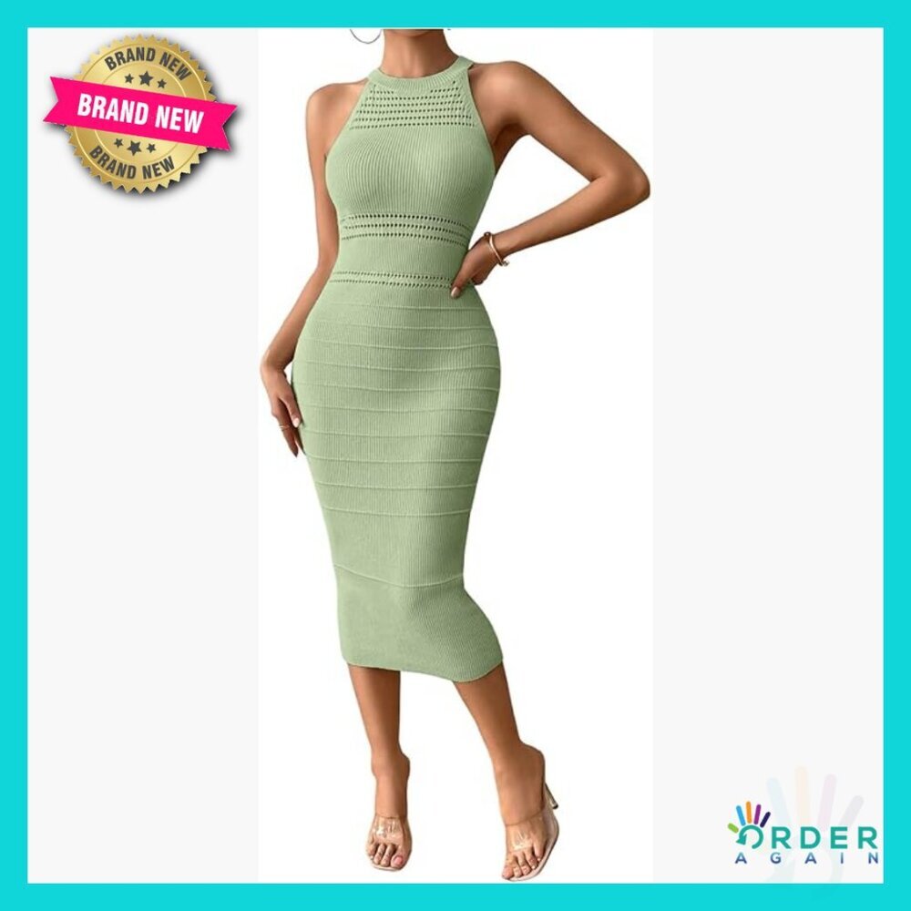 Crochet Halter Midi Dress Bodycon Knit Formal Chic Summer Going Out